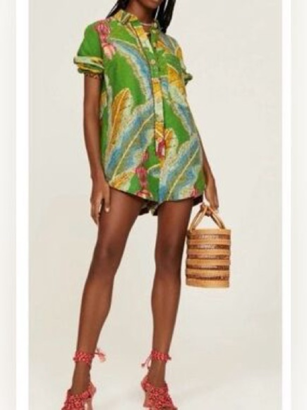 FARM Rio Banana Leaves Vibrant Green Tropical Print Linen Romper M Worn Once
